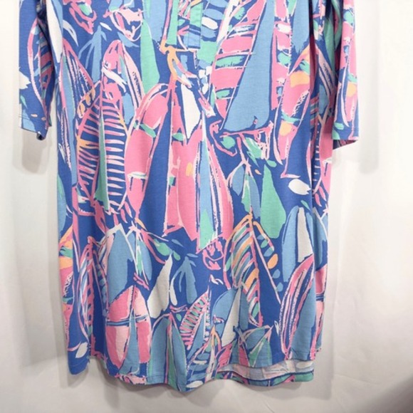 Lilly Pulitzer Large Dress Blue Pink Shift Above Knee Mini V Neck Cotton 429 - Picture 5 of 10